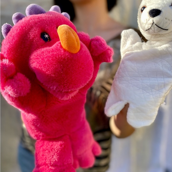 Two Hand Puppet Plushies White Baby Harp Seal and Pink Purple Baby Dinosaur - Picture 2 of 16